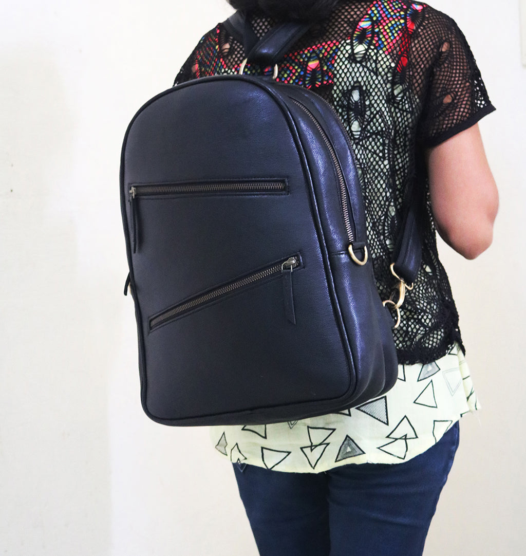 Handmade Black Leather Backpack For Unisex .